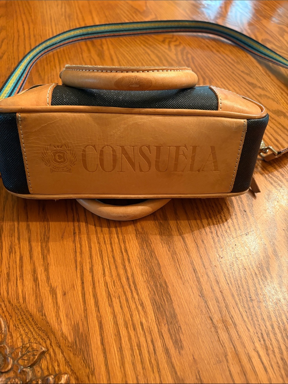 Consuela Black and Tan Crossbody Satchel with Striped Strap - Picture 3 of 6